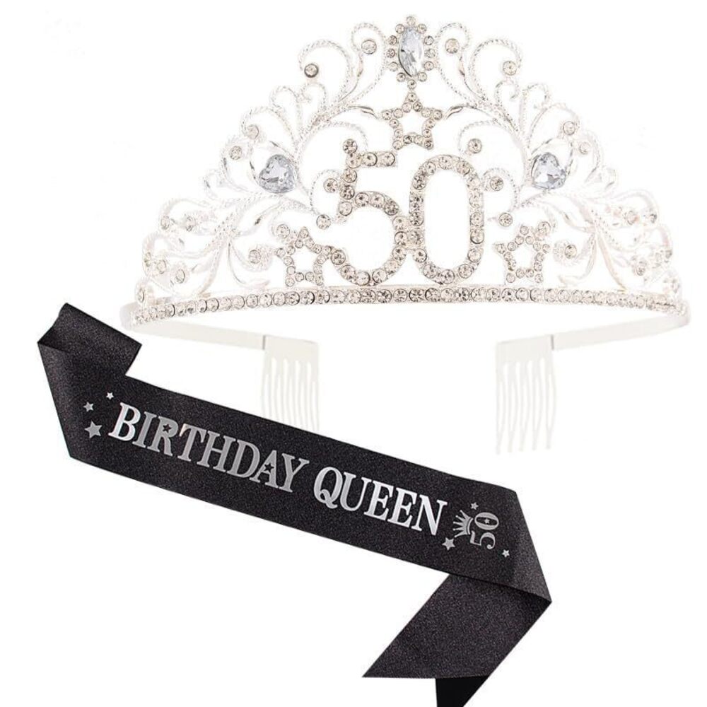 2864 50th Birthday Sash and Tiara Set , Black and Silver, 2 Count, Birthday